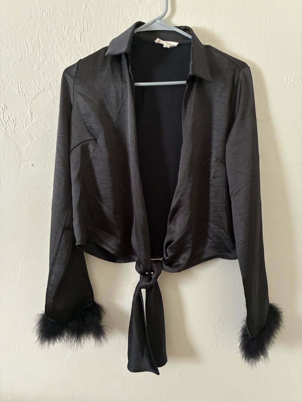 La Hearts Black Satin Tie Front Top with faux fur trim